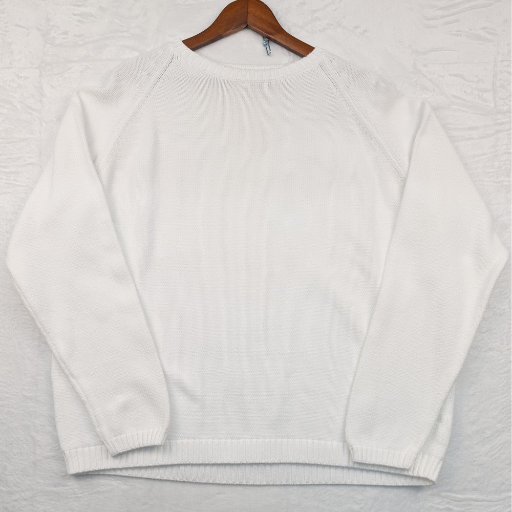 VTG Lands End Sweater Mens XL White Cotton Knit Crewneck Raglan Made in USA 90s